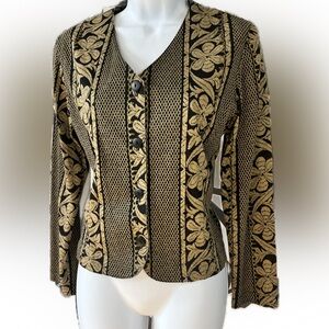 Vintage Brocade Print Black and Gold Floral Button-Up Cropped Top